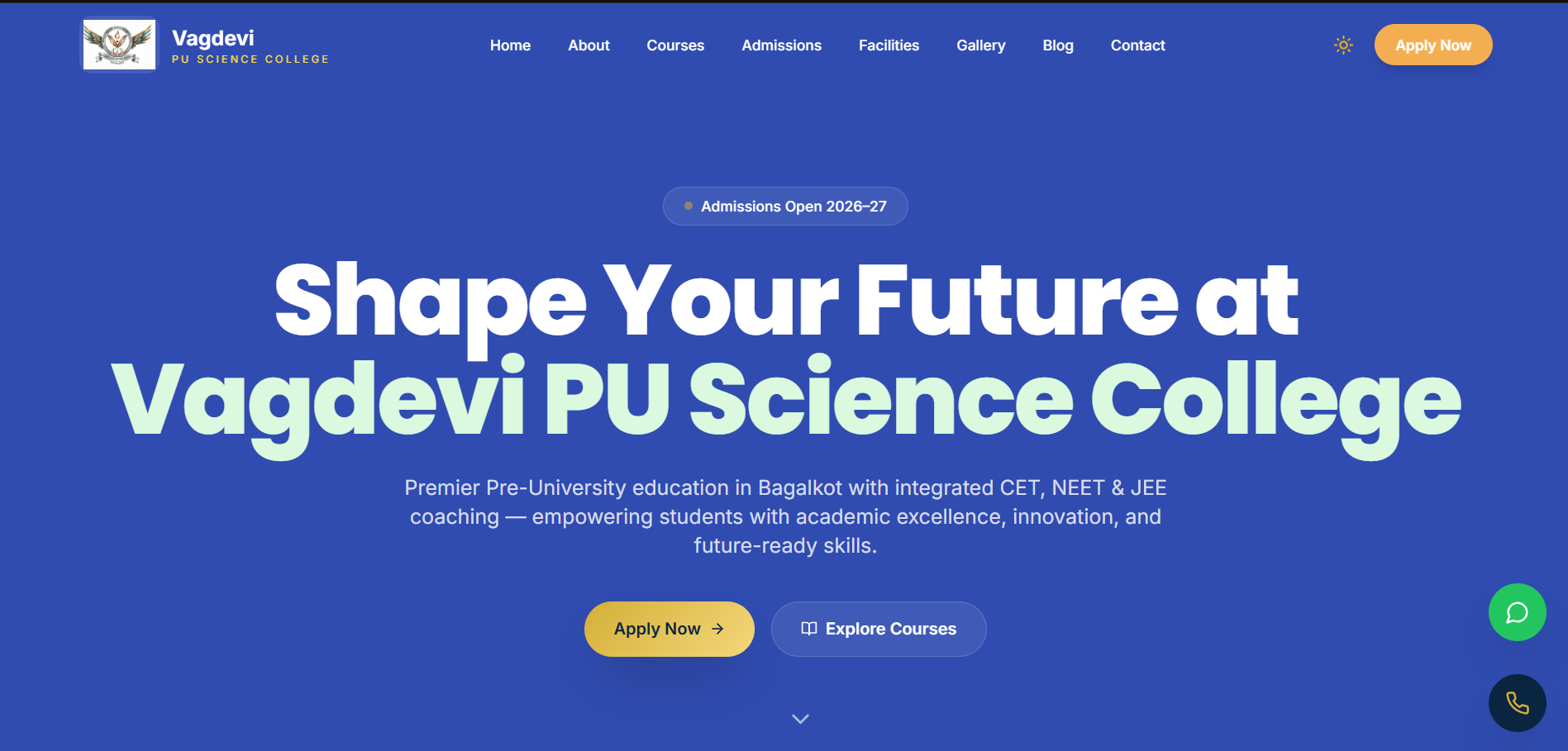 Vagdevi PU Science College Website Preview